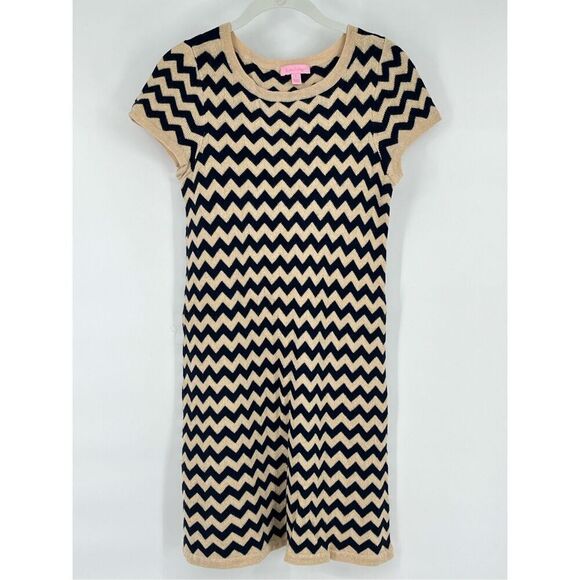 Lilly Pulitzer Santana Dazzle Gold Blue Chevron Merino Wool Dress Size Large EUC - Picture 1 of 8